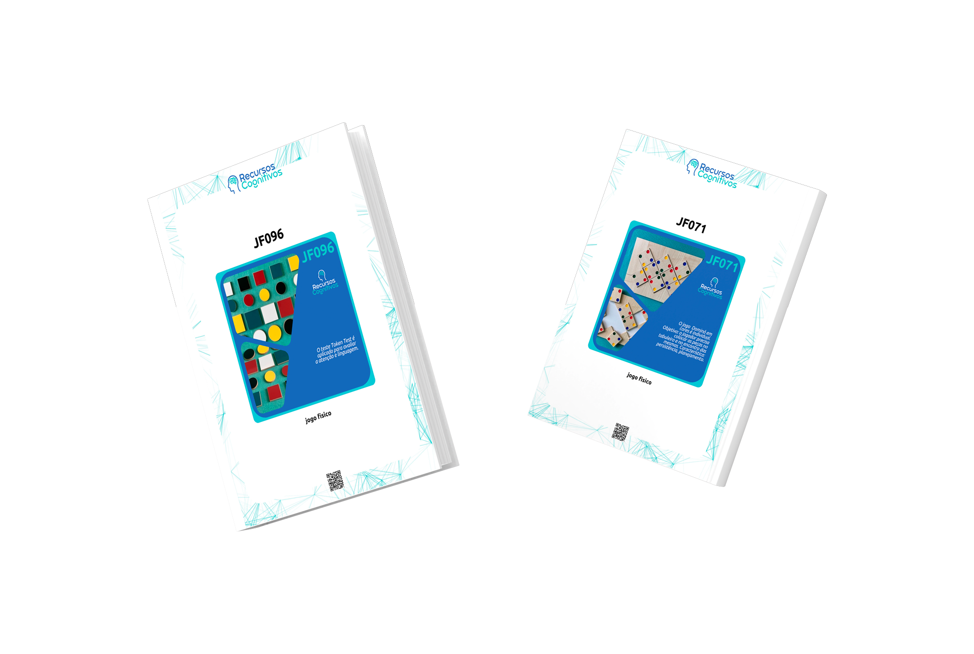 Mockup de duas fichas de jogos físicos do catálogo de atividades cognitivas